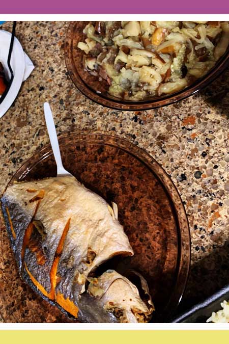 JUST RELISH IT!  POMPANO WITH EGGPLANT RELISH/GREEN MANGO SALAD